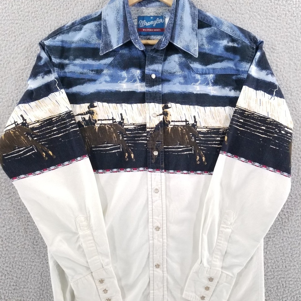 Vtg Wrangler Shirt Mens Medium Pearl Snap Lightning Storm Rodeo Southwest Cowboy